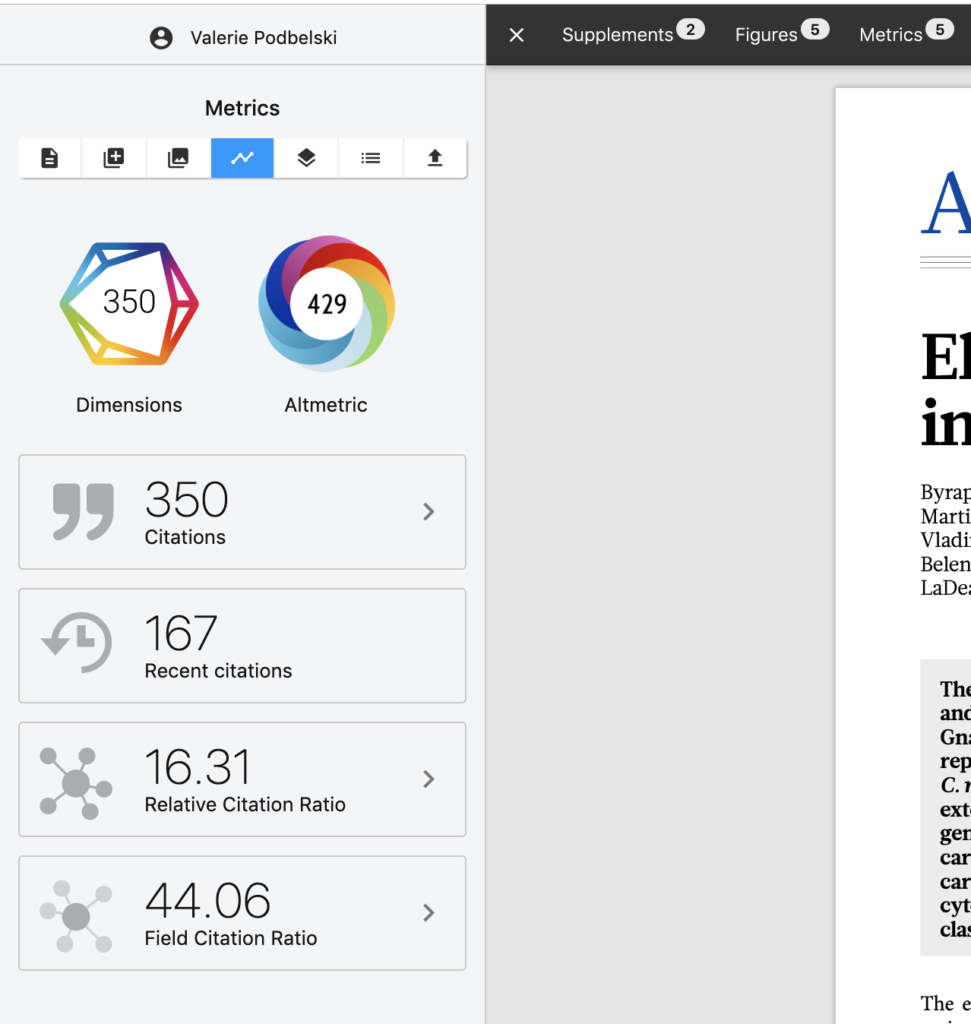 Article metrics in ReadCube Papers Web Reader Metrics Pane