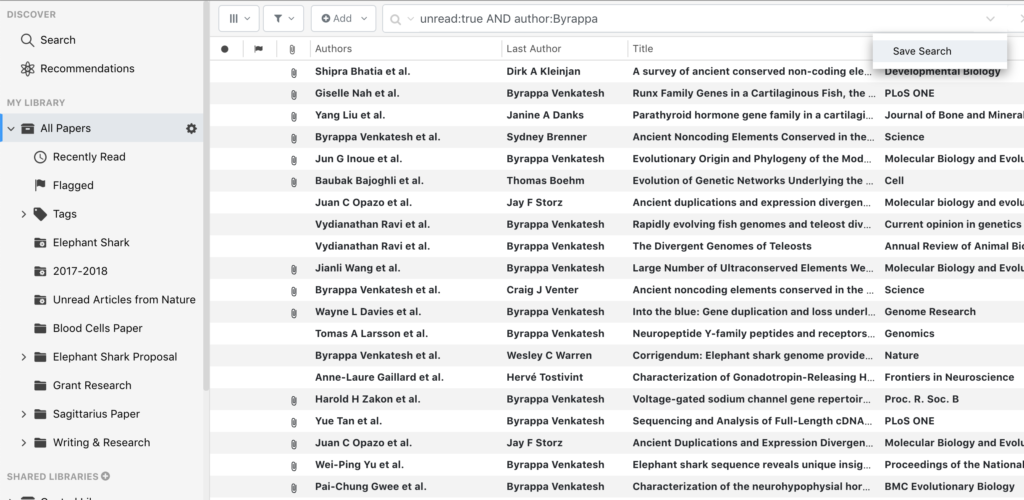 Screenshot of save search feature in ReadCube Papers Library
