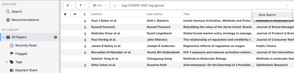 Screenshot of save search feature in ReadCube Papers Library