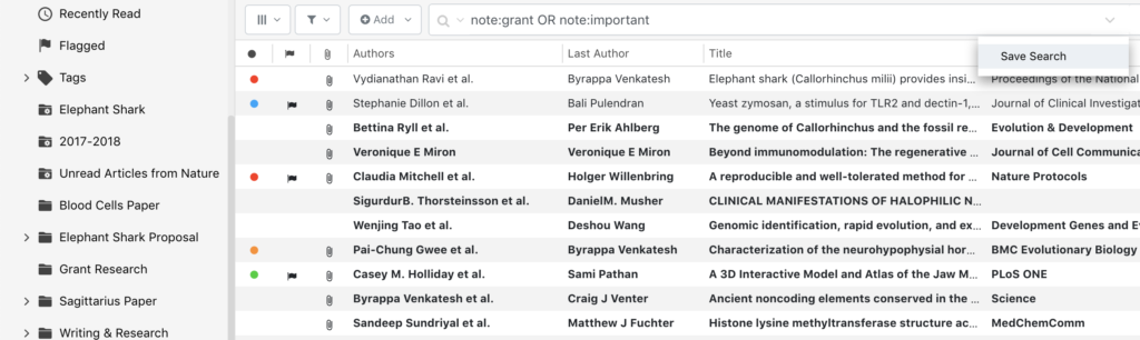 Screenshot of save search feature in ReadCube Papers Library