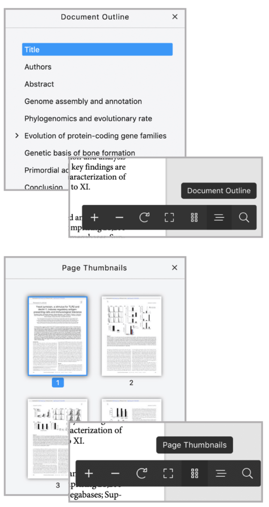 Screenshot of the ReadCube Papers Web Reader Table of Contents and Thumbnails features