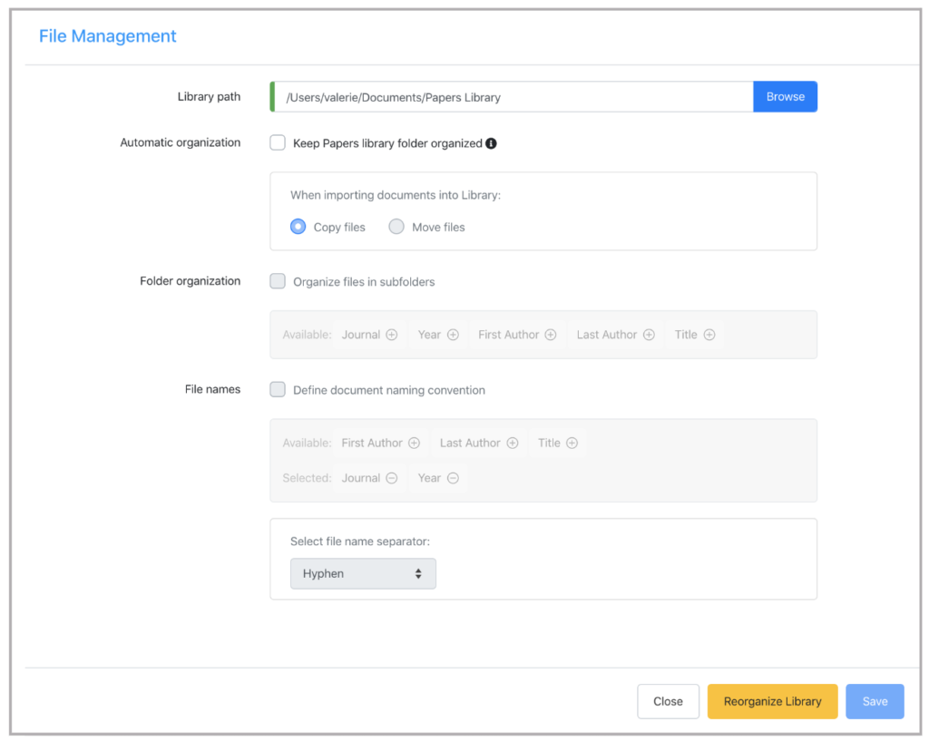 Screenshot of file management screen in ReadCube Papers.