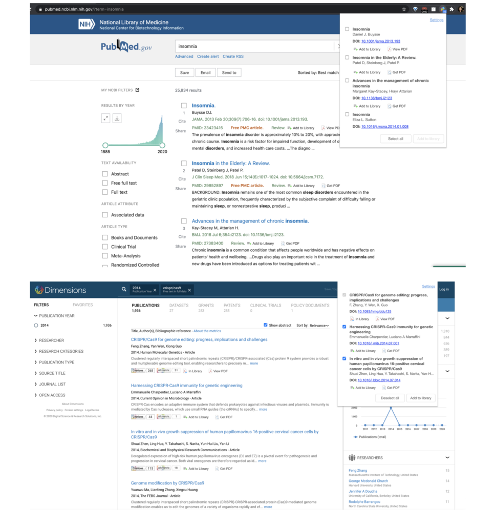 PubMed and Dimensions with bulk importer on Papers browser extension