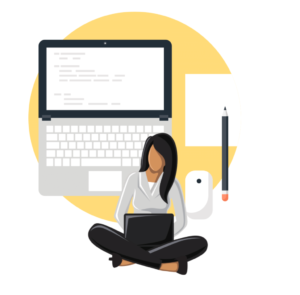 illustrated woman with computer, pencil, mouse and paper