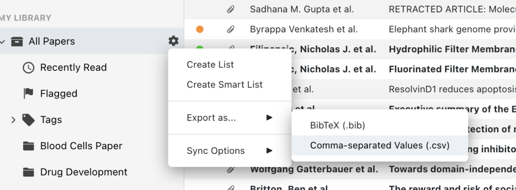 CSV export in ReadCube Papers desktop app